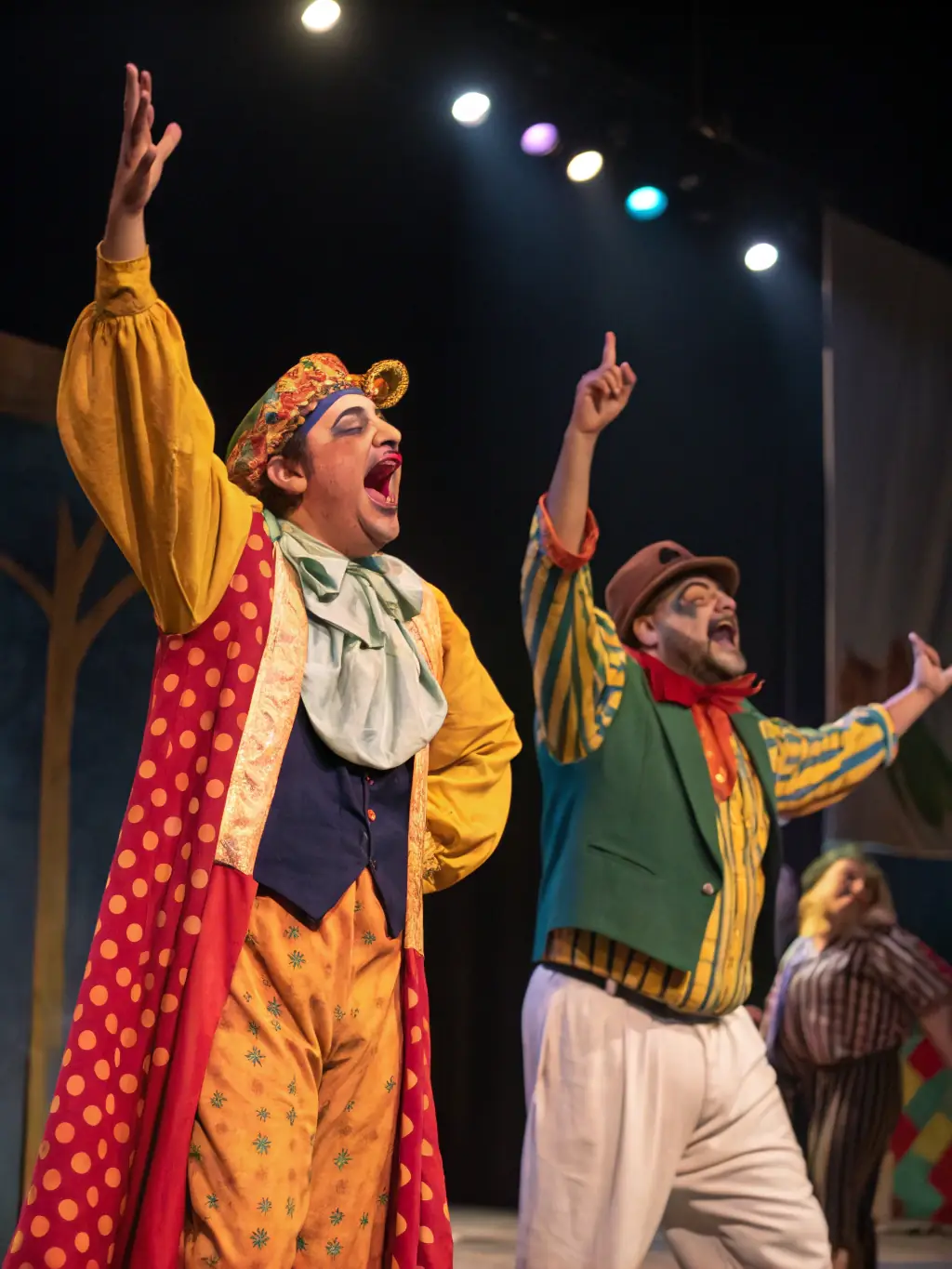 A photograph capturing a scene from 'Les Masques de la Révolte, ' showcasing actors in commedia dell'arte masks passionately performing on stage, emphasizing the social justice themes.
