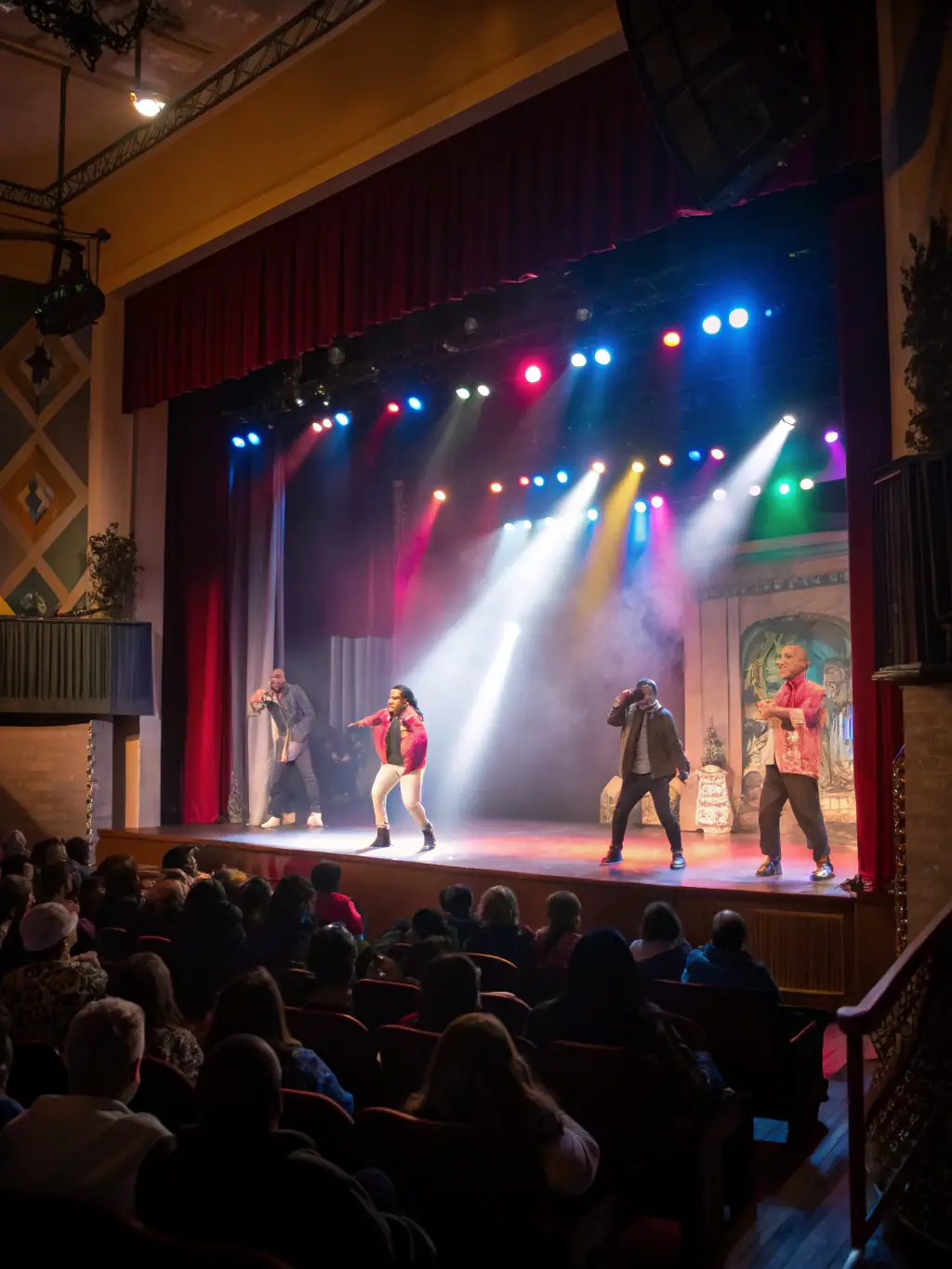 A dynamic shot of actors during an Engaged Theatre Production, showcasing their vibrant costumes and engaging performance style, capturing the essence of community involvement.